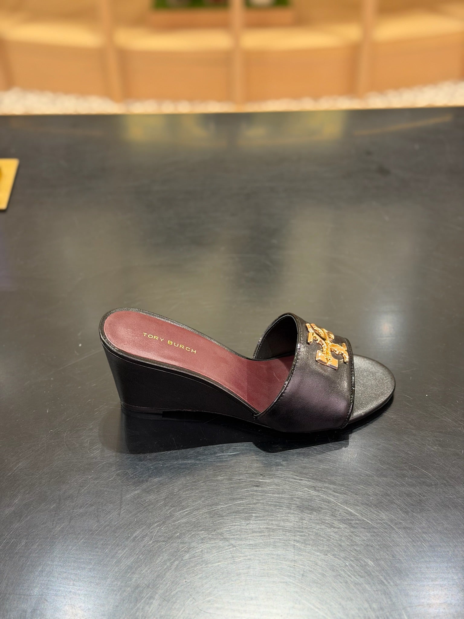 Everly Wedge Leather Sandal in Black