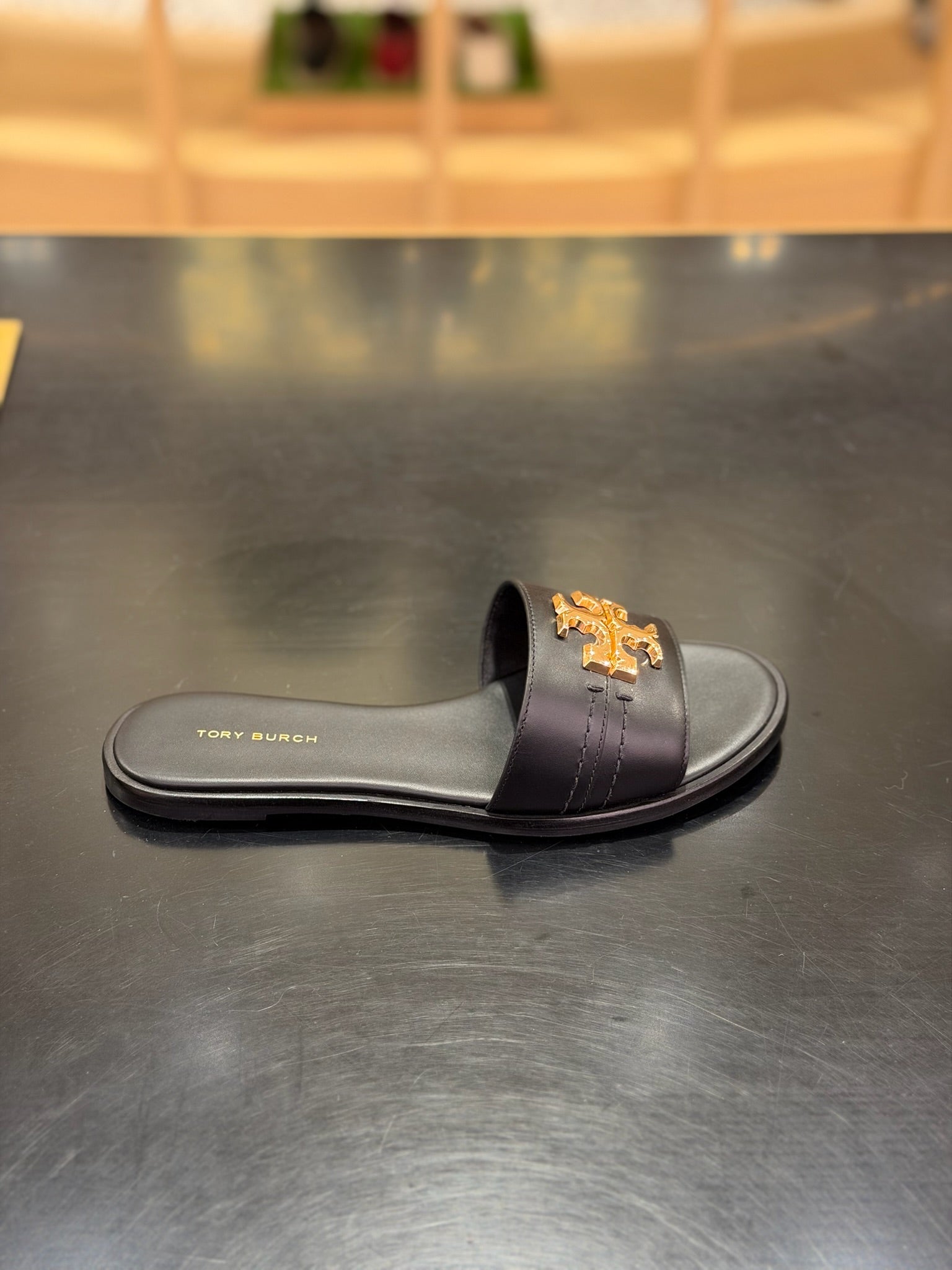 Leather Everly Flat Slides in Black