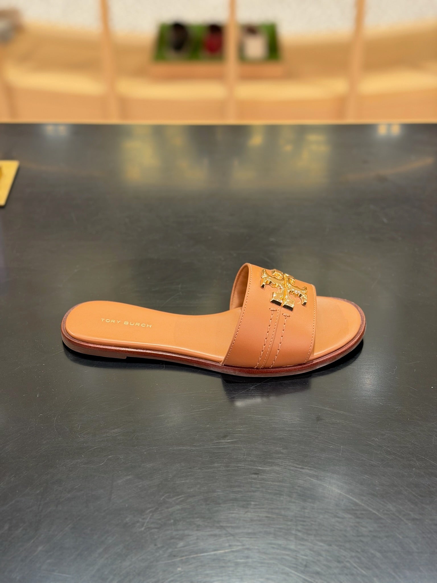 Leather Everly Flat Slides in Tan