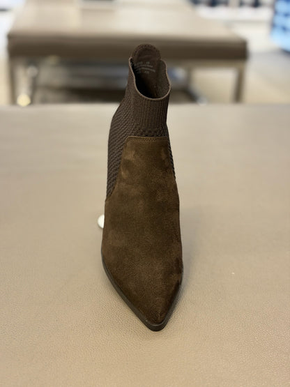 Maggie Suede Ankle Knit Booties Pointed Toe Block Heel Dark Brown