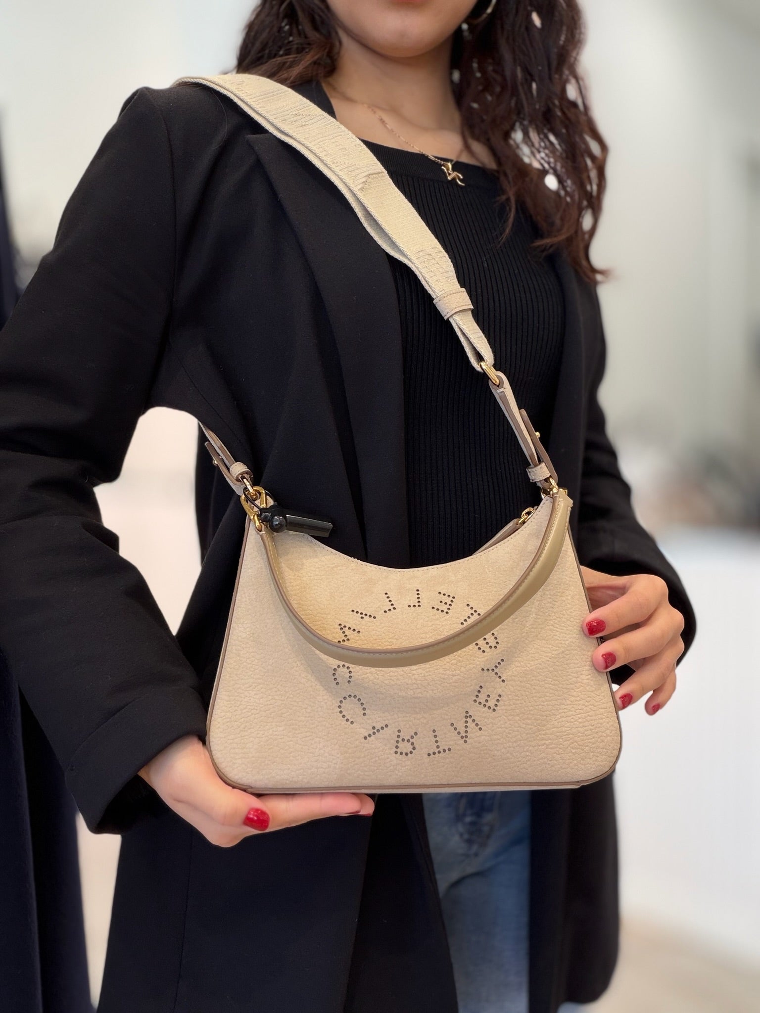 Stella McCartney Logo Perforated Shoulder Bag - Beige