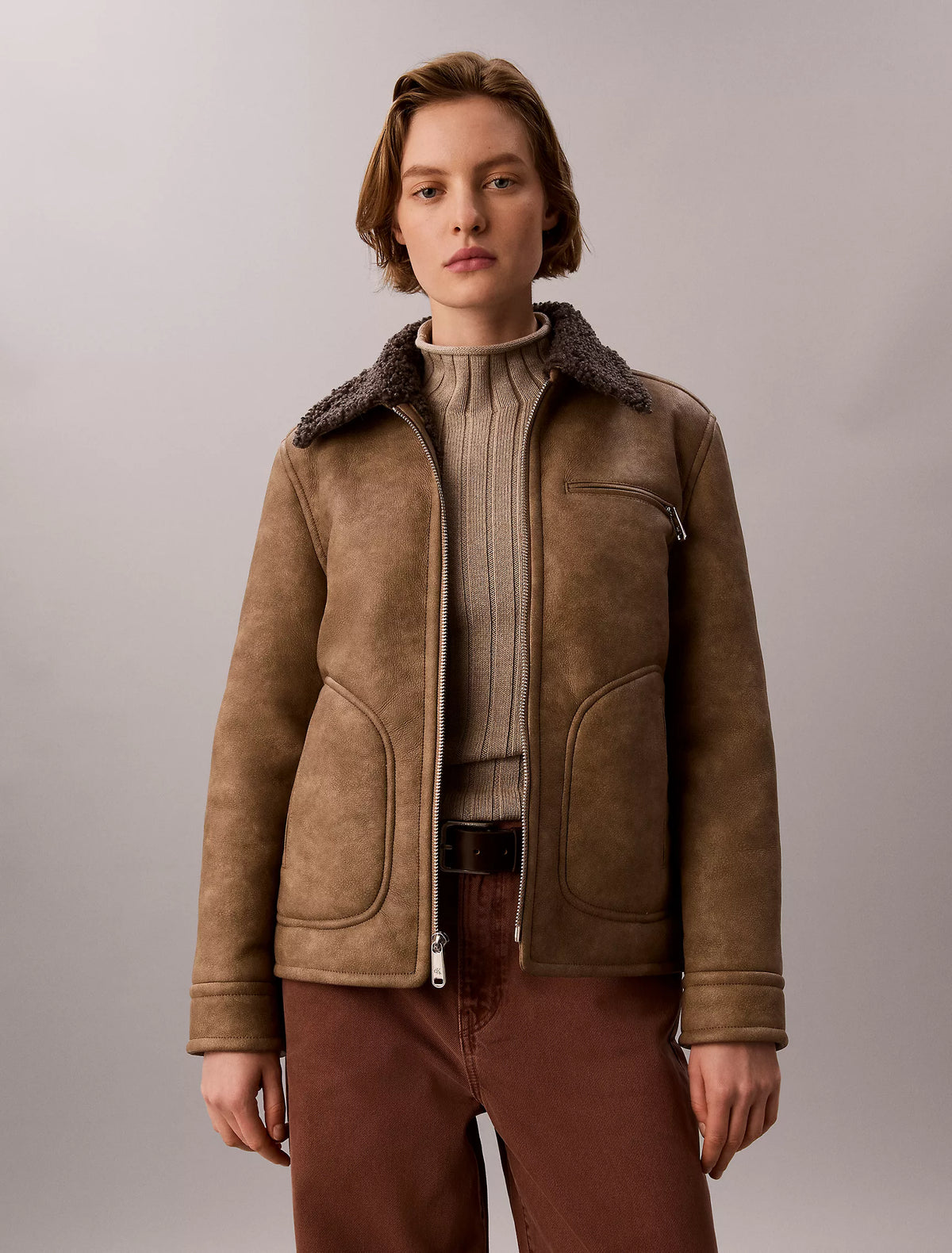 Brown Leather With Grey Shearling