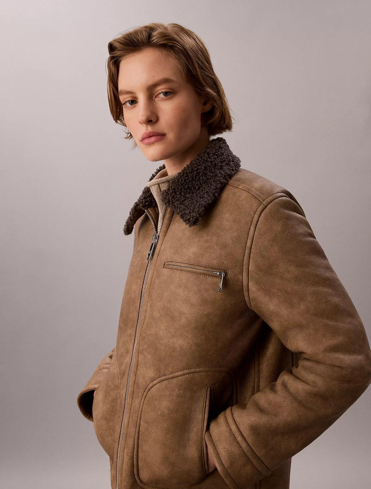 Brown Leather With Grey Shearling