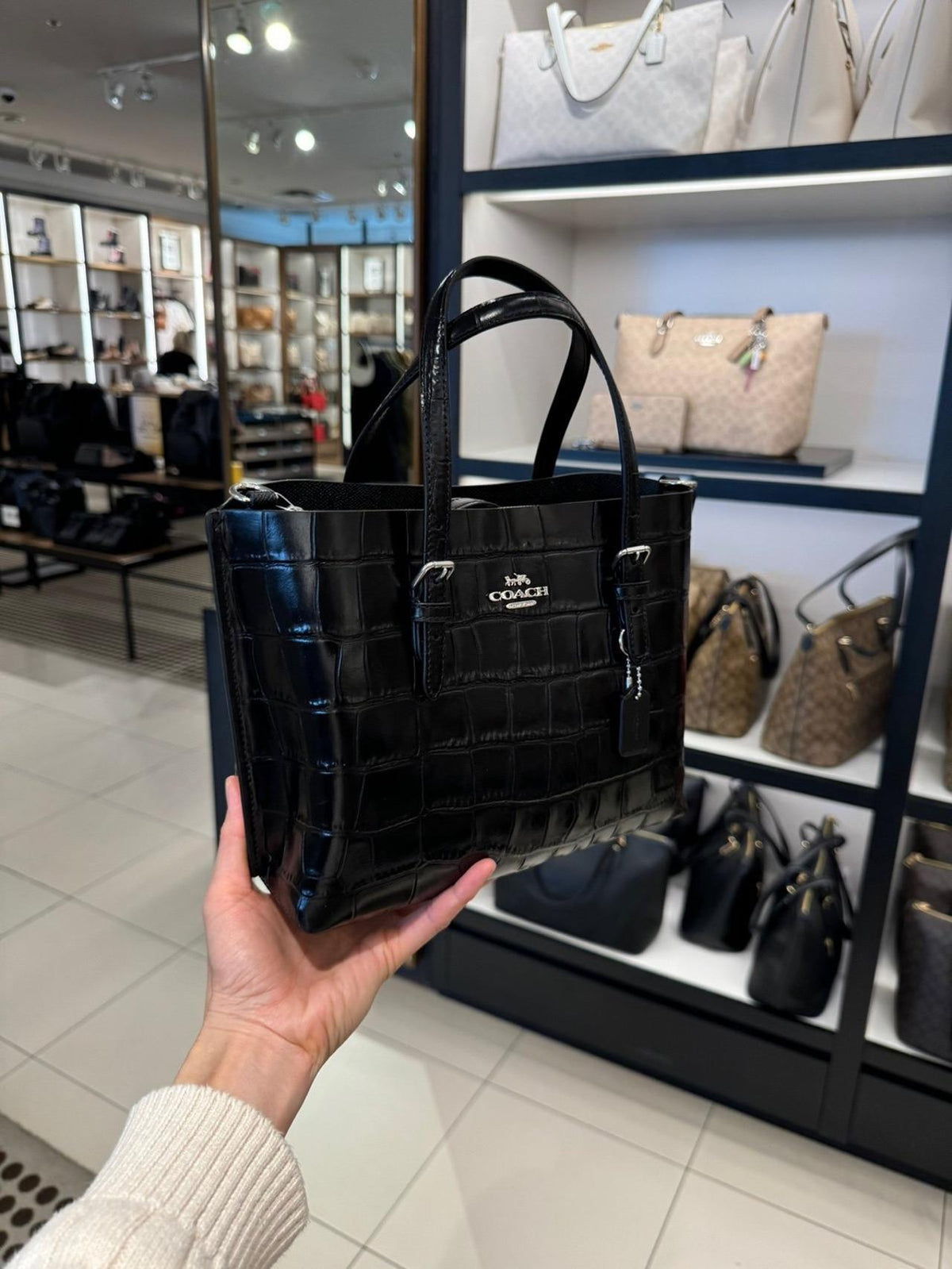 Coach Mollie Tote Bag 25 Croco-Embossed Black