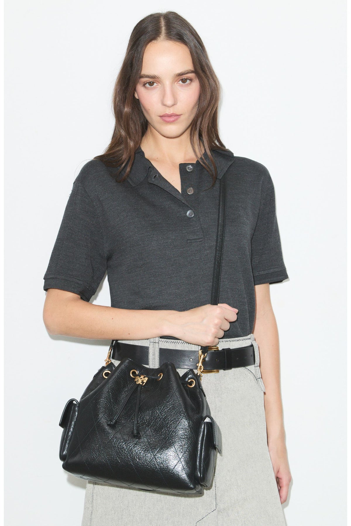 Charlie Quilted Leather Drawstring Shoulder Bag